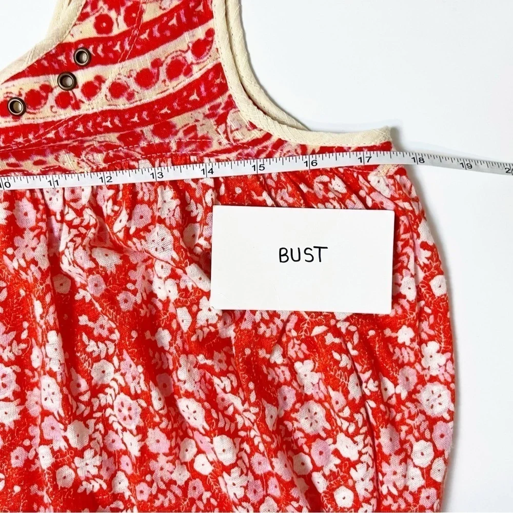 Free People Lucky Coin Sleeveless Top XS linen red floral tank blouse flowy boho